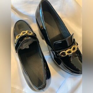 Black Patent Loafers with Gold Chain Accent - Women's Shoes